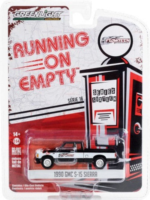 1990 GMC S-15 Sierra Pickup Truck Black and White with Flames "Flowtech Exhaust" "Running on Empty" Series 16 1/64 Diecast Model Car by Greenlight