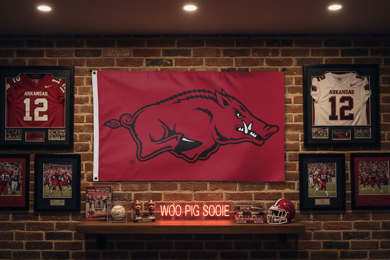 Arkansas Razorbacks NCAA  3' x 5' flag hanging on wall in fan cave