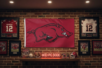 Arkansas Razorbacks NCAA  3' x 5' flag hanging on wall in fan cave