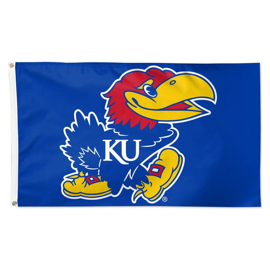 Kansas Jayhawks 3ft x 5ft NCAA Team Flag featuring team colors, logo, and metal grommets for easy hanging. Made by Wincraft.