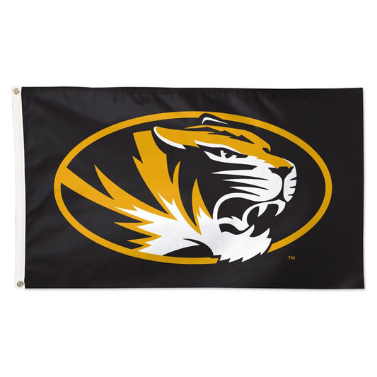 Missouri Tigers 3ft x 5ft NCAA Team Flag featuring team logo, colors, and metal grommets. Made by Wincraft.