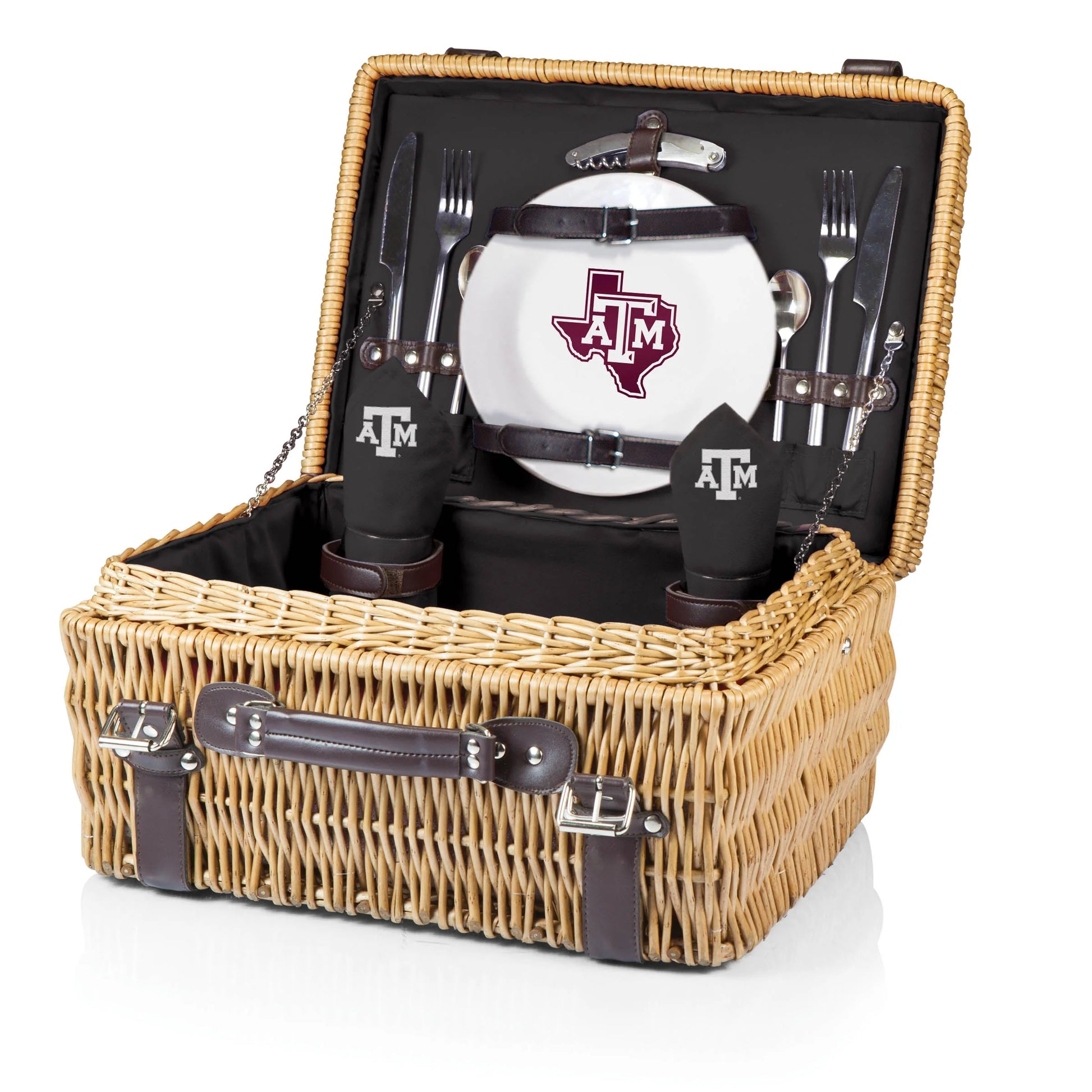 Texas A&M Aggies picnic basket with plates, wine glasses, and cutlery for tailgates or outdoor dining.