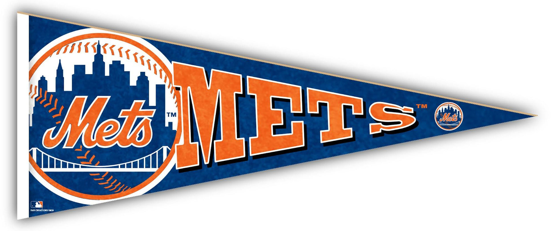 Officially licensed New York Mets 24" wood pennant, made in USA. High-def team logo in team colors, 100% MDF. Indoor use only. MLB licensed