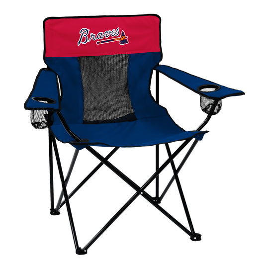 Atlanta Braves elite folding camping chair with steel frame, mesh cup holder, wide feet, and drawstring carry bag