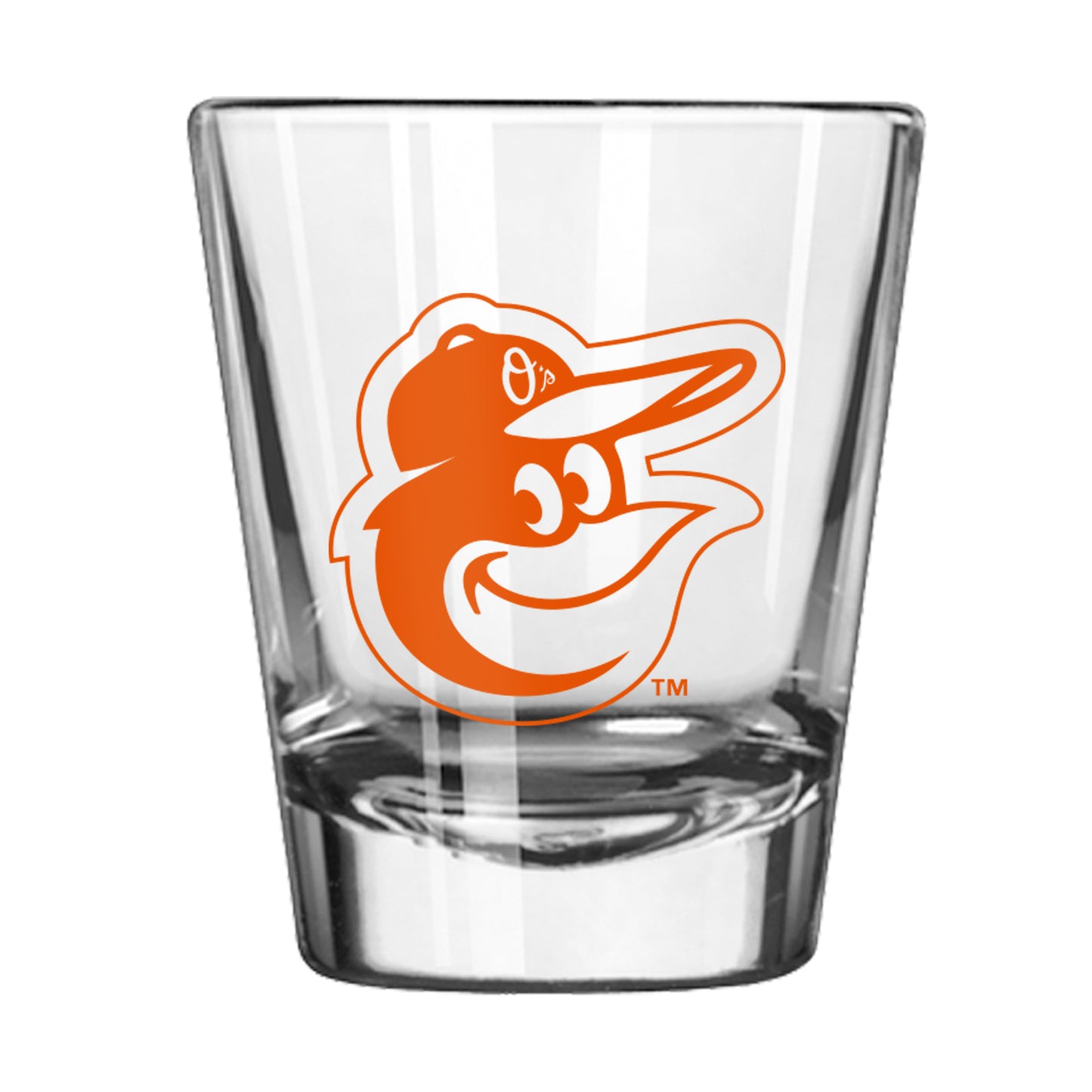 Baltimore Orioles 2oz classic shot glass with team graphics, weighted base, and chip-resistant rim by Logo Brands.