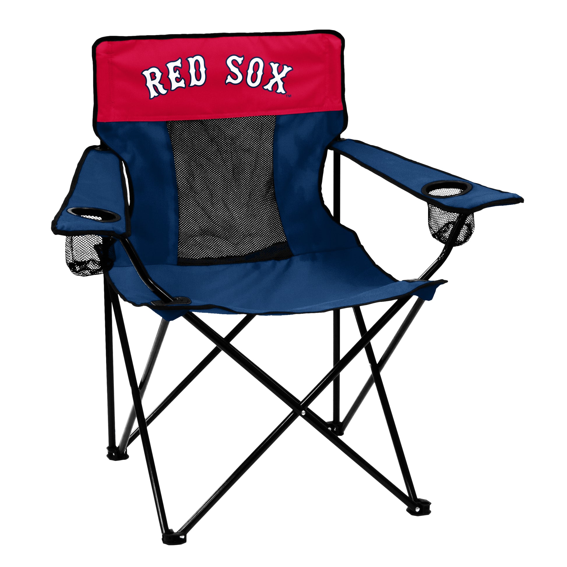 Boston Red Sox Elite Folding Chair with cup holders, breathable fabric, and matching carry bag. Holds up to 275 lbs.