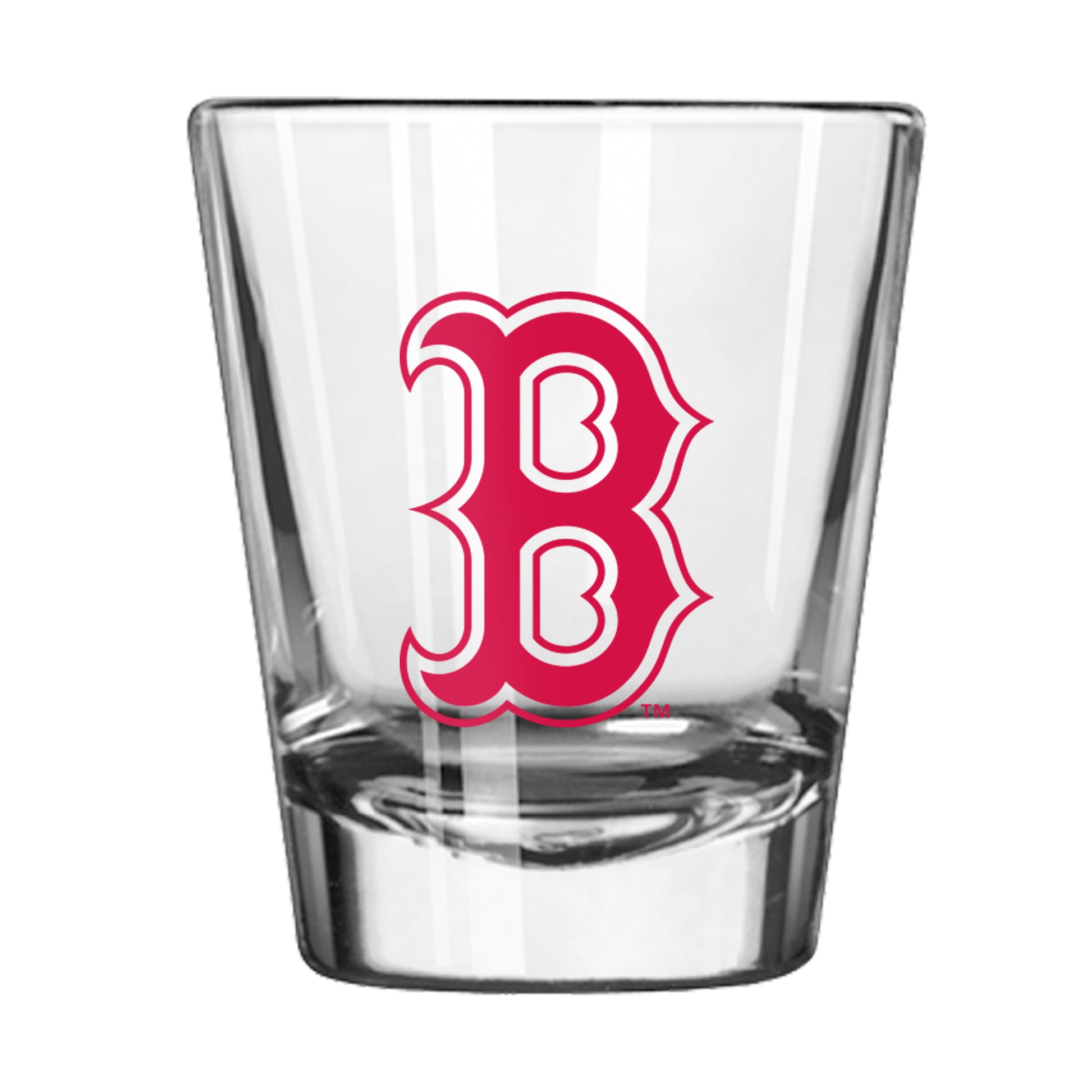 Boston Red Sox MLB shot glass with gameday graphics, 2 oz capacity, weighted base, and chip-resistant rim