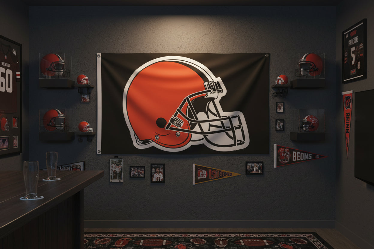 Cleveland Browns 3'x5' flag hanging on wall in fan cave
