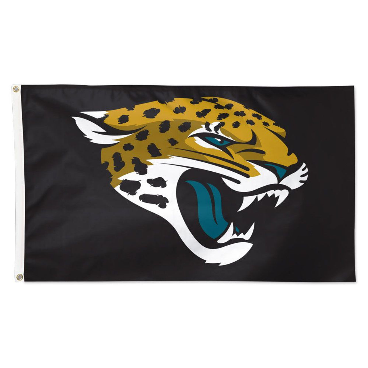 Jacksonville Jaguars 3ft x 5ft NFL Team Flag featuring team colors, logo, and metal grommets for easy hanging. Made by Wincraft.