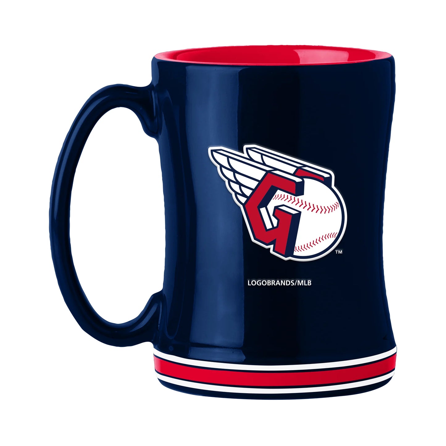 Cleveland Guardians 14 oz MLB coffee mug with team colors, 3D logo, and name on handle. Microwave/dishwasher safe.