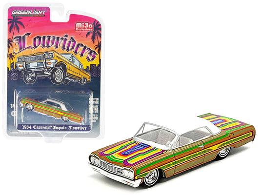 1964 Chevrolet Impala Lowrider Gold Metallic with Graphics and White Top and Interior "Lowriders" Series Limited Edition to 3600 pcs. 1/64 Diecast Car