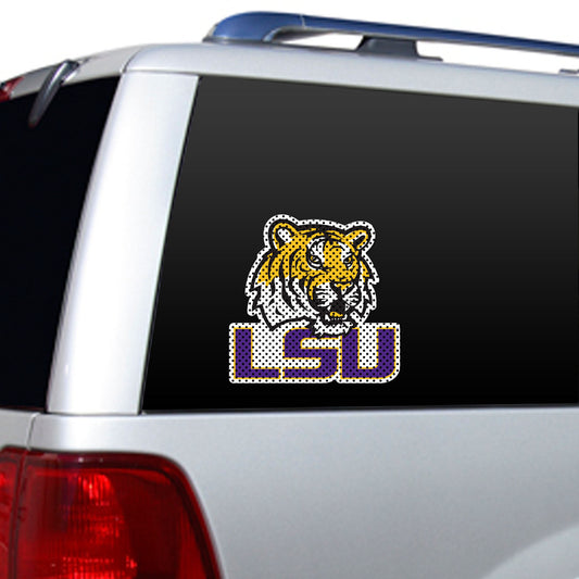 LSU Tigers 12x10 NCAA die cut window film with bold purple and gold team graphics, officially licensed by Fremont Die.