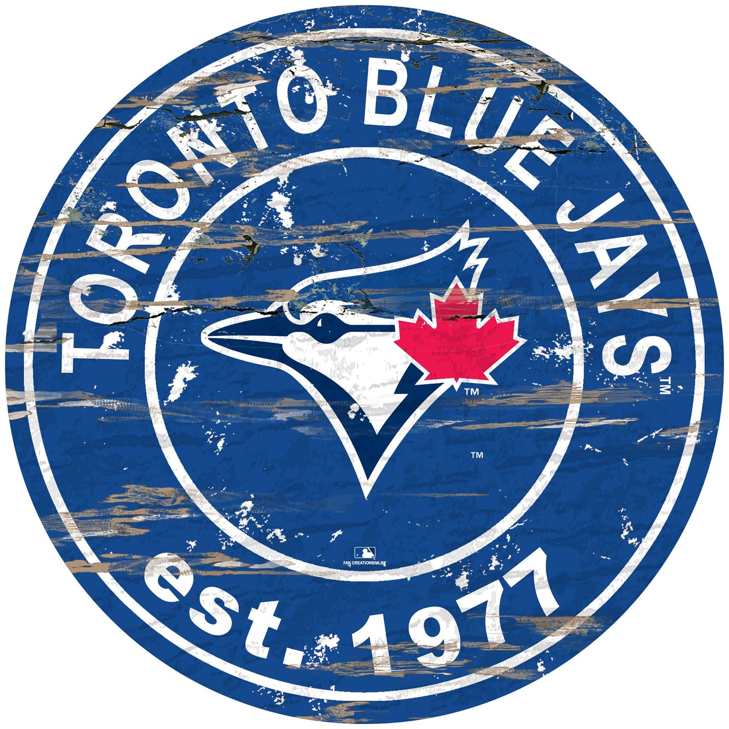 Toronto Blue Jays distressed round sign, 24" diameter. Features team graphics & established date. Indoor use only. Officially licensed.