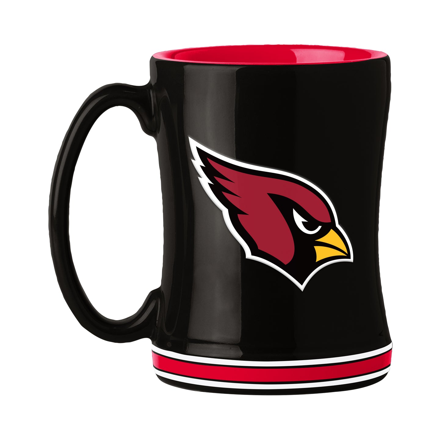 Black mug with a red interior, team logo with team name on handle , and red and white stripes on bottom of coffee mug. 