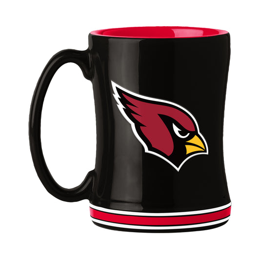 Black mug with a red interior, team logo with team name on handle , and red and white stripes on bottom of coffee mug. 