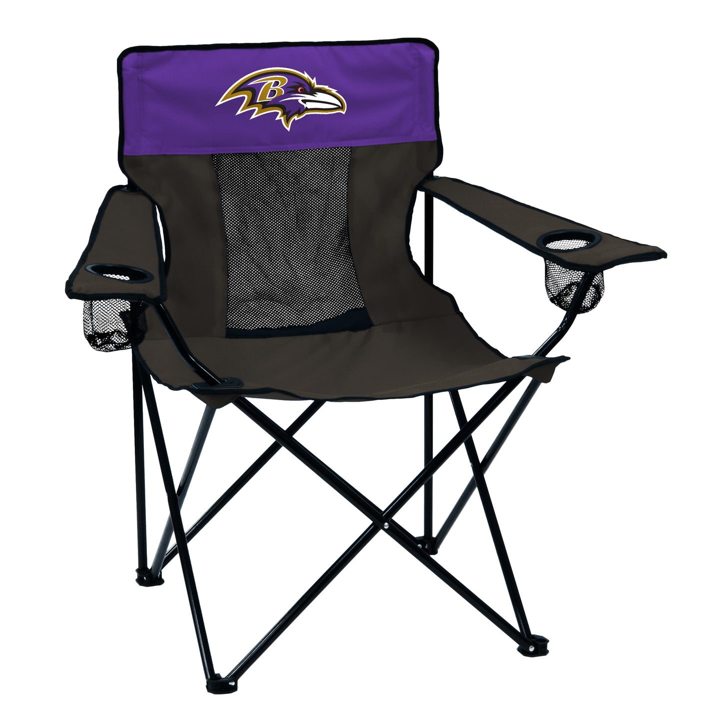Baltimore Ravens Elite Camping Chair with cup holders, breathable fabric, and matching carry bag. Holds up to 275 lbs.
