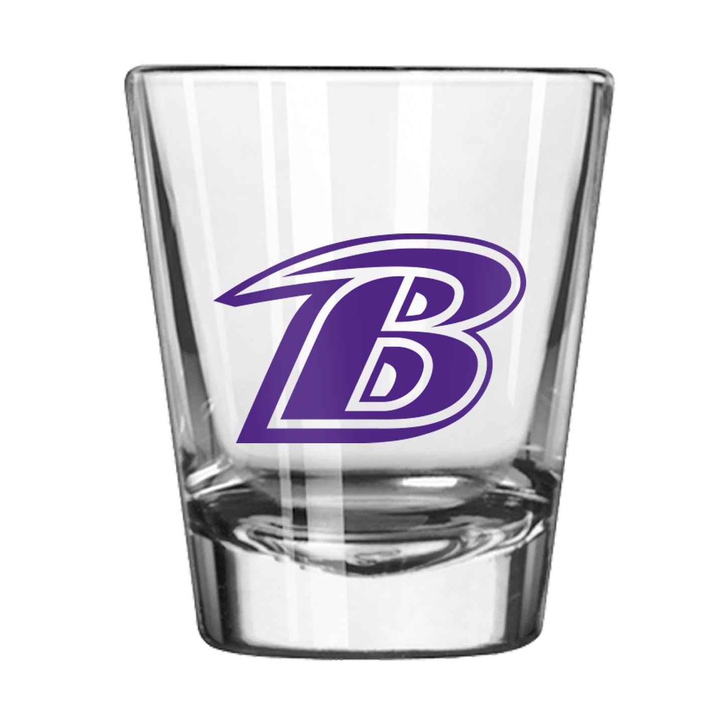Baltimore Ravens 2oz classic shot glass with team graphics, weighted base, and chip-resistant rim by Logo Brands.