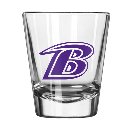 Baltimore Ravens 2oz classic shot glass with team graphics, weighted base, and chip-resistant rim by Logo Brands.