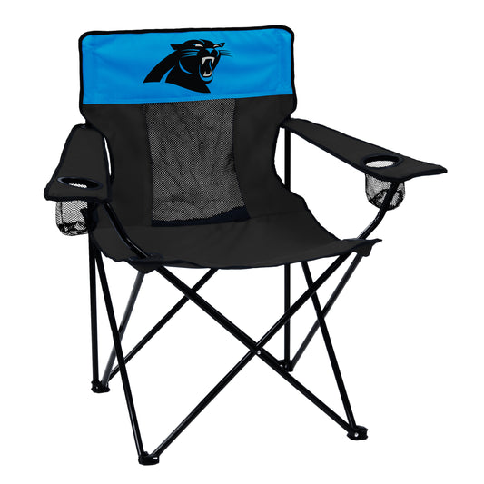 Carolina Panthers Elite Camping Chair with cup holders, breathable fabric, and matching drawstring carrying bag.