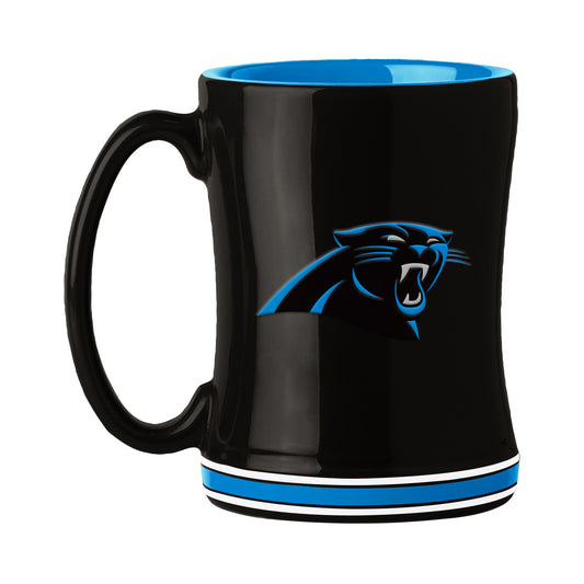 Carolina Panthers 14 oz NFL ceramic coffee mug with 3D logo and team name on handle by Logo Brands.