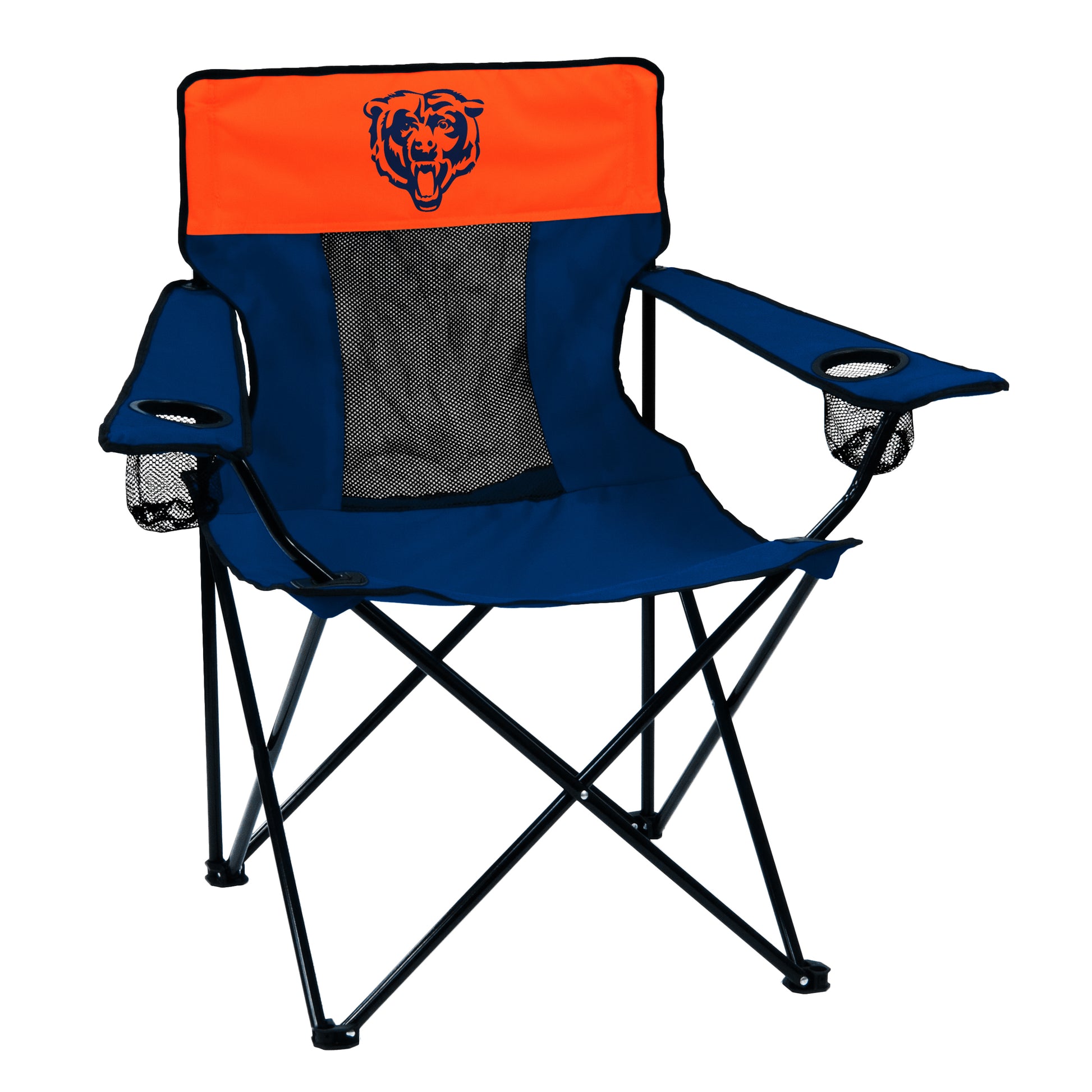 Chicago Bears Elite Chair with mesh cup holders, breathable seat and back, and included drawstring carrying bag.