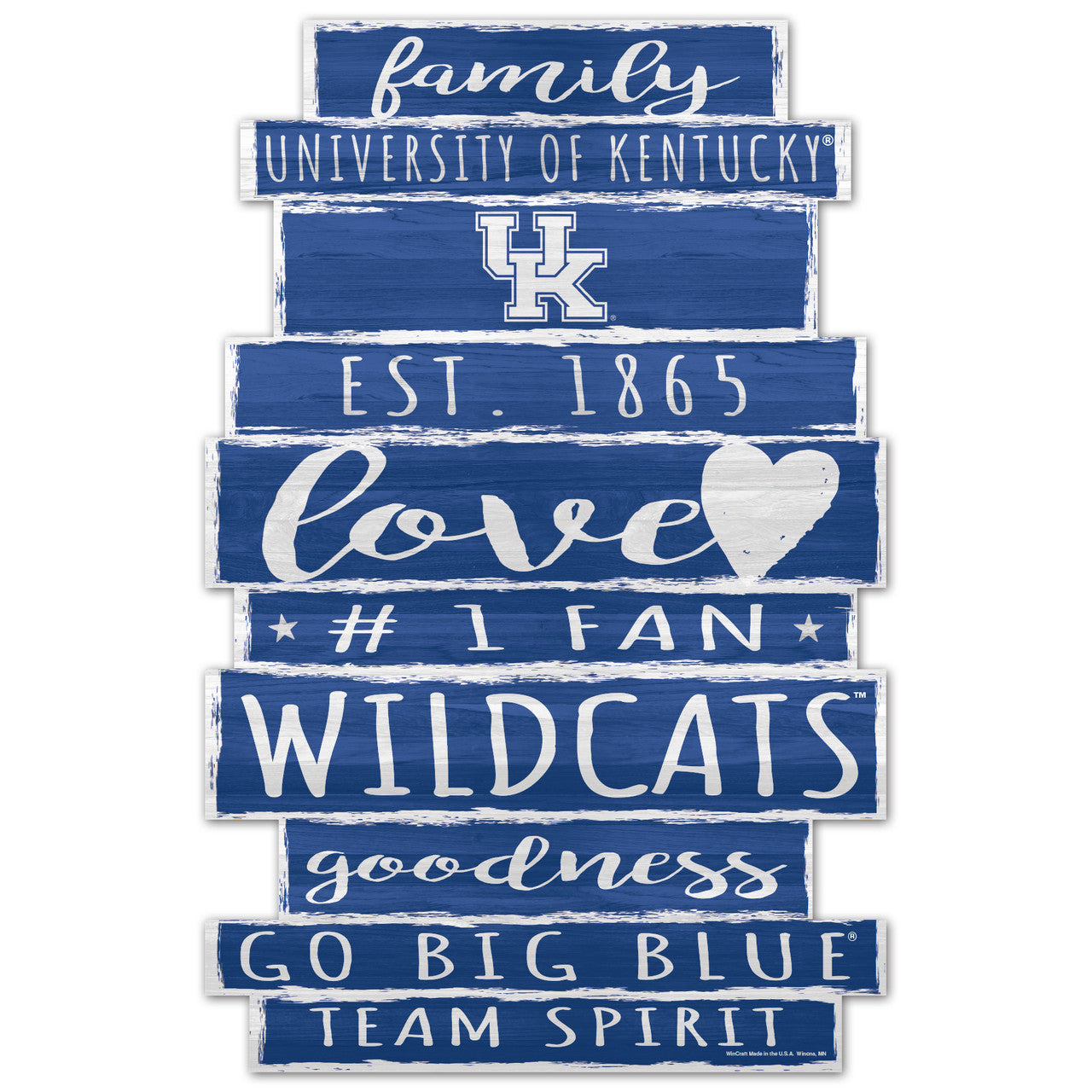 Kentucky Wildcats Family Word Design 11x17 wood sign with bold blue and white NCAA team graphics.