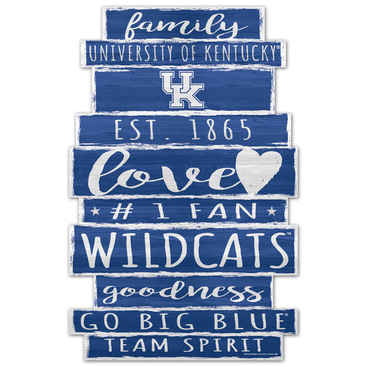 Kentucky Wildcats Family Word Design 11x17 wood sign with bold blue and white NCAA team graphics.
