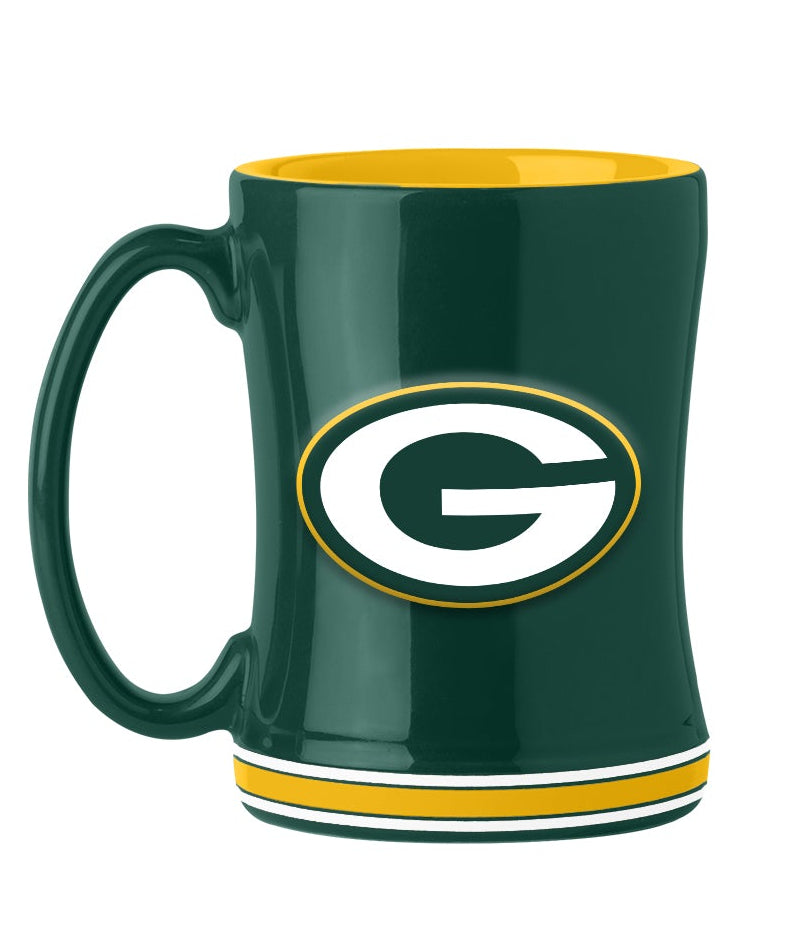 Green Bay Packers 14oz ceramic mug with 3D logo, team colors, and name on handle; microwave and dishwasher safe.
