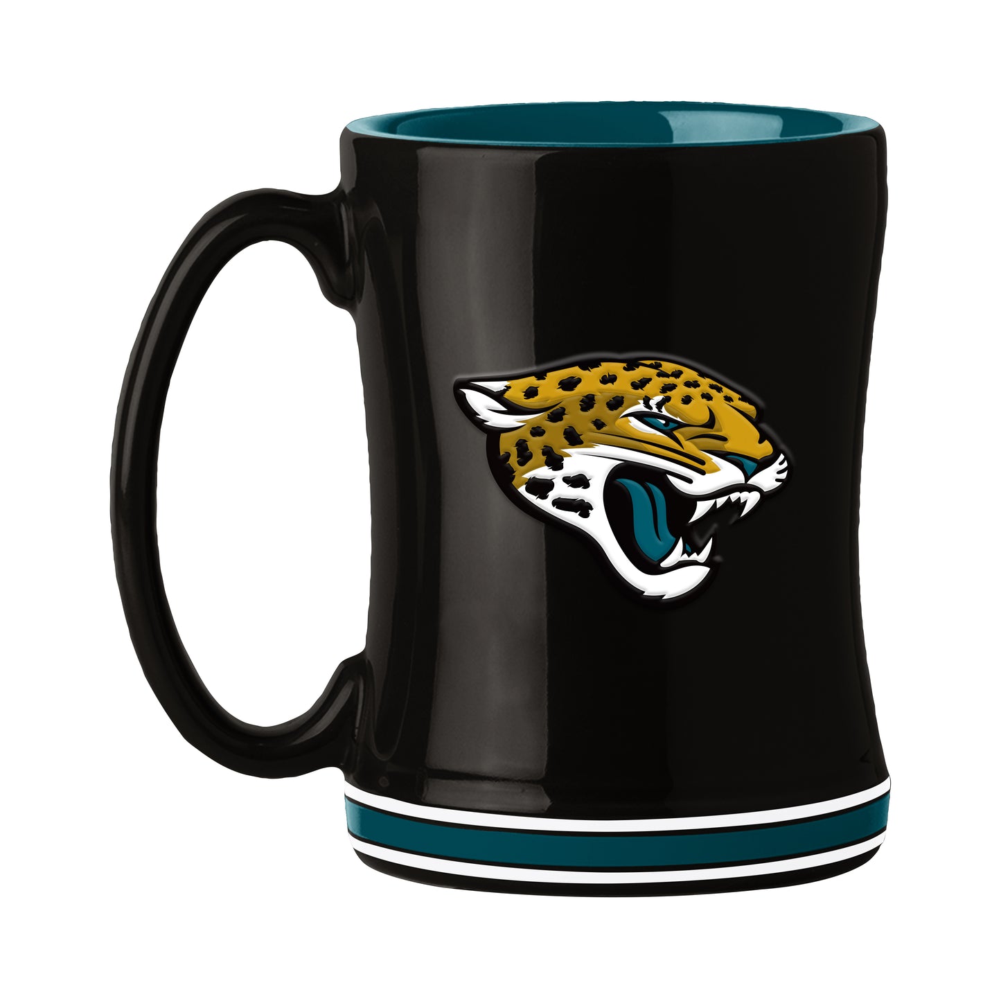 Jacksonville Jaguars 14oz ceramic mug with 3D logo, team colors, and team name on handle; microwave and dishwasher safe.