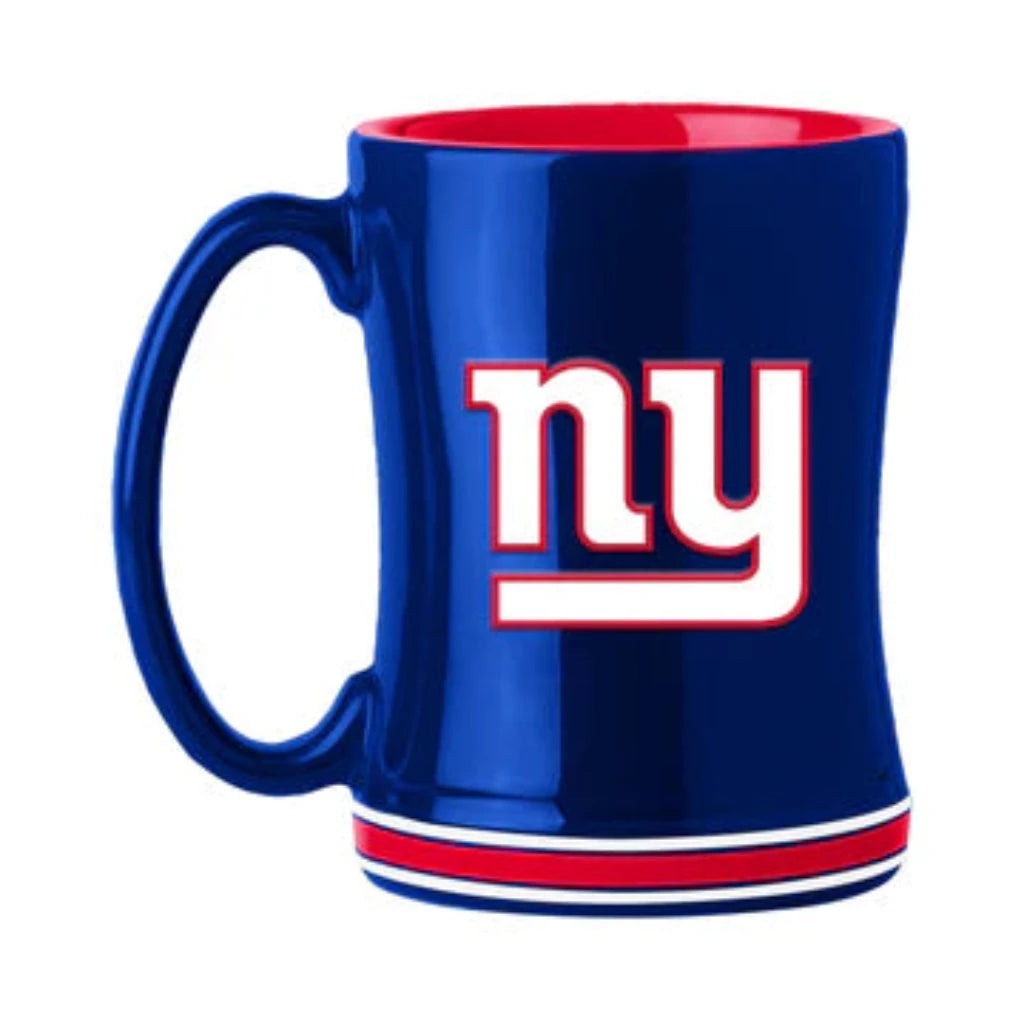 New York Giants 14oz ceramic coffee mug with bold team colors, 3D logo, and team name on the handle. NFL licensed.