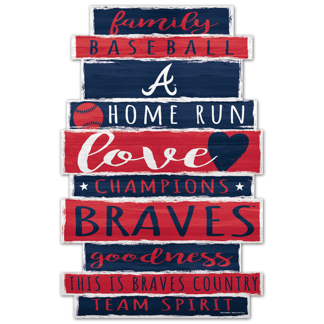 Atlanta Braves Family Word Design 11x17 wood sign featuring bold team colors and official MLB graphics.