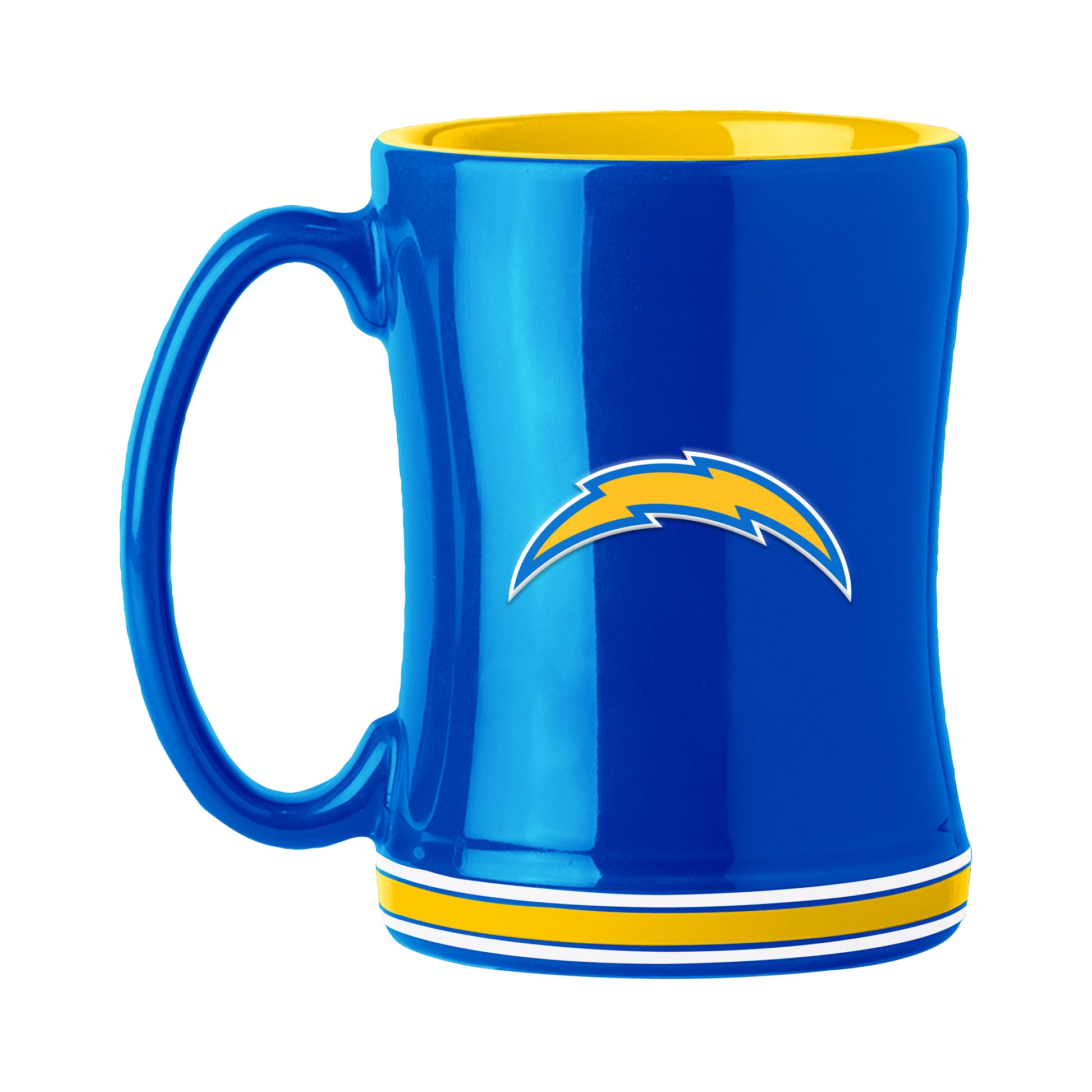 Los Angeles Chargers 14oz ceramic mug with 3D logo, team colors, and name on handle. Official NFL drinkware.