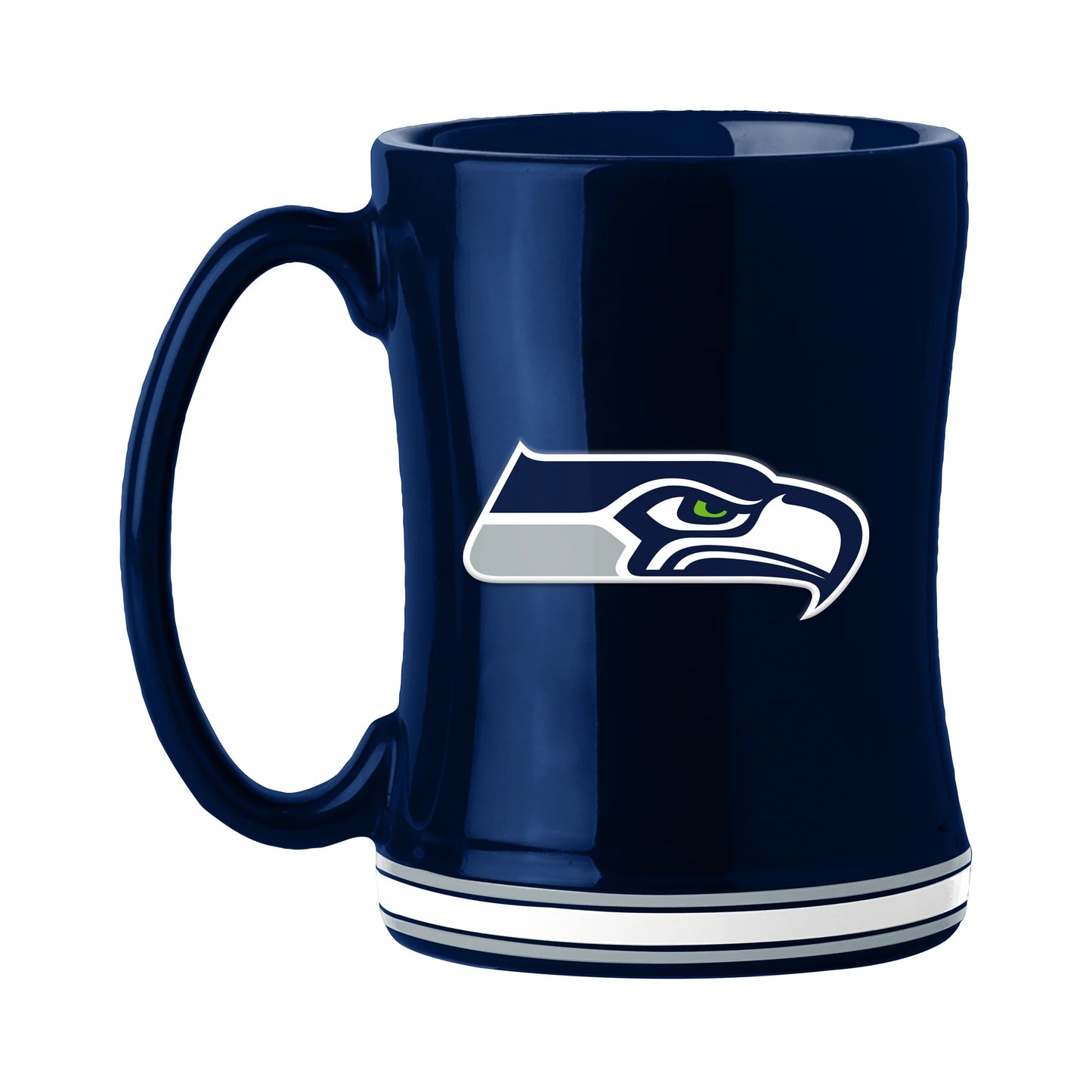 Seattle Seahawks 14oz ceramic coffee mug with 3D team logo and name on the handle, in team colors. Microwave and dishwasher safe.