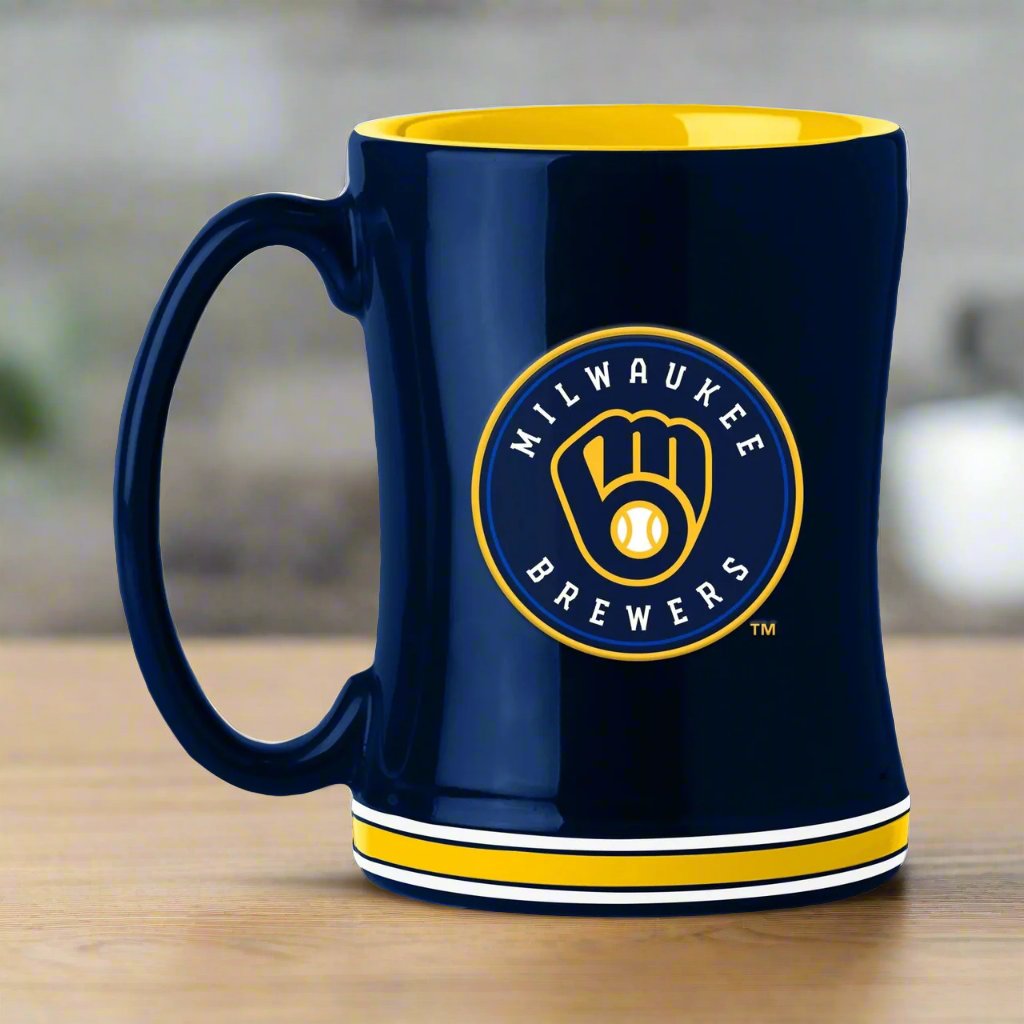 Milwaukee Brewers MLB coffee mug, 14 oz, ceramic, featuring team colors, 3D logo, and team name on handle. Microwave safe.