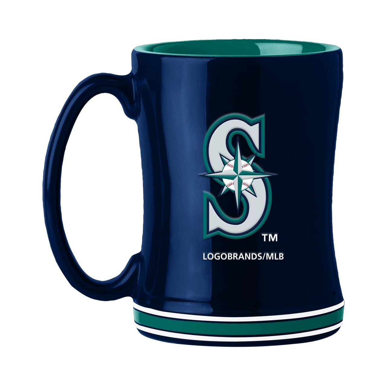 Seattle Mariners MLB coffee mug, 14 oz, ceramic, featuring team colors, 3D logo, and team name on handle. Microwave safe.