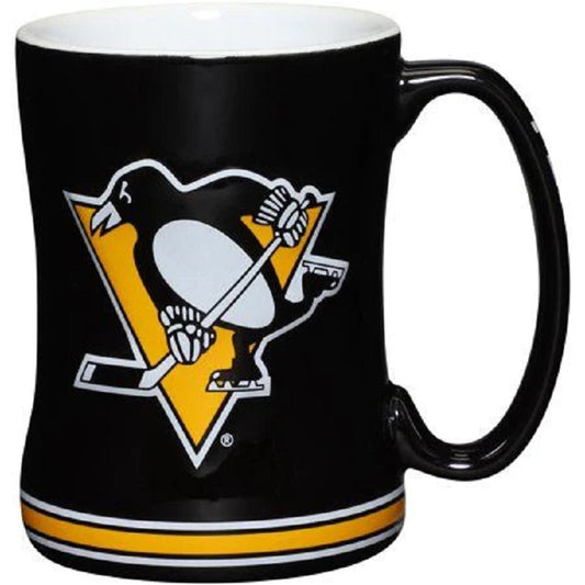 Pittsburgh Penguins NHL coffee mug, 14 oz, ceramic, featuring team colors, 3D logo, and team name on handle. Microwave safe.