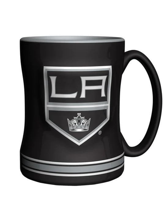 Los Angeles Kings 14 oz ceramic coffee mug with 3D logo, team colors, and team name on handle. Microwave & dishwasher safe.