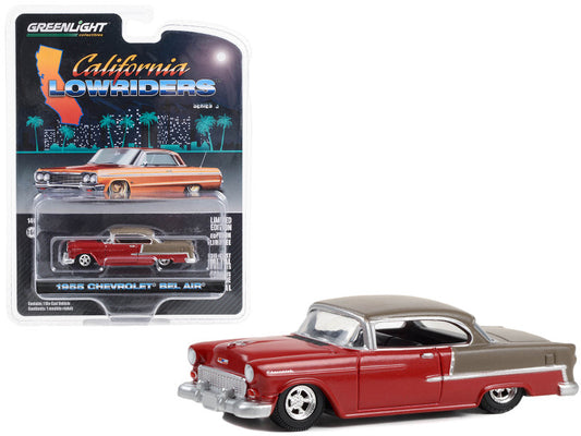 1955 Chevrolet Bel Air Lowrider diecast car. Red, 1/64 scale, California Lowrider Series 3, by Greenlight 