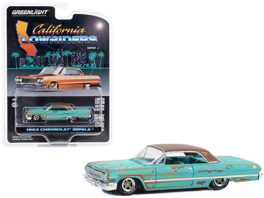 1963 Chevrolet Impala Lowrider Teal Patina (Rusted) with Brown Top and Teal Interior "California Lowriders" Series 3 1/64 Diecast Car by Greenlight