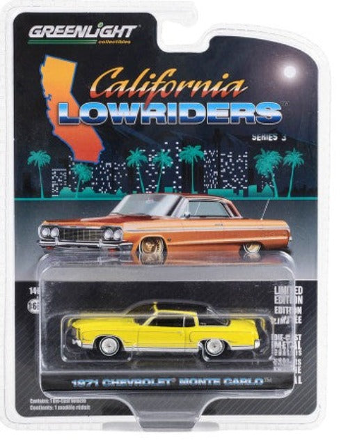 1971 Chevrolet Monte Carlo Lowrider Sunflower Yellow with Black Top "California Lowriders" Series 3 1/64 Diecast Model Car by Greenlight