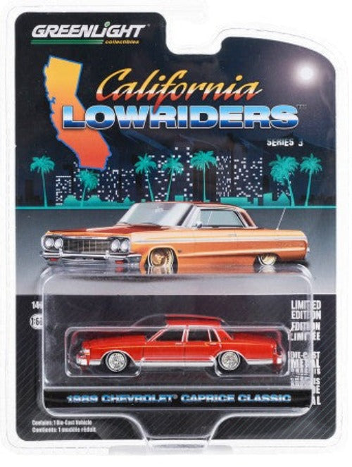 1989 Chevrolet Caprice Classic Lowrider Custom Red Orange with Yellow Stripes "California Lowriders" Series 3 1/64 Diecast Model Car by Greenlight