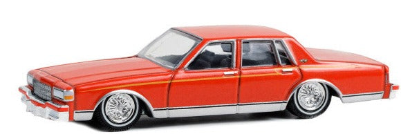 1989 Chevrolet Caprice Classic Lowrider Custom Red Orange with Yellow Stripes "California Lowriders" Series 3 1/64 Diecast Model Car by Greenlight