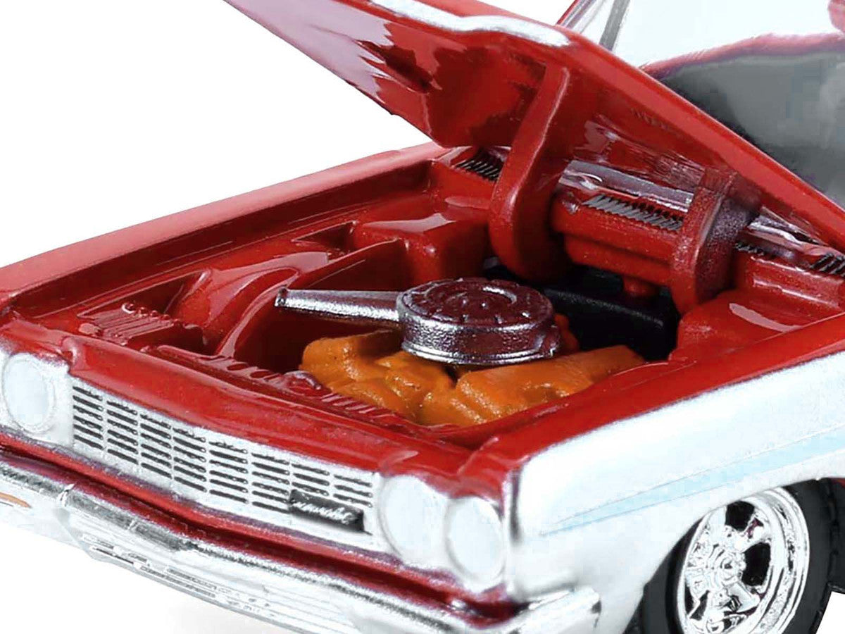 Greenlight 1964 Chevrolet Biscayne Lowrider silver red two-tone 1/64 diecast California Lowriders Series 7 with open hood