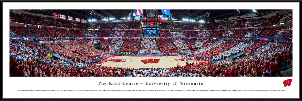 Wisconsin Badgers Kohl Center panoramic framed photo, officially licensed NCAA basketball wall décor.