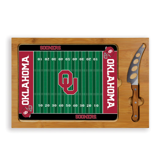 Oklahoma Sooners Icon Glass Top Cutting Board & Knife Set with bamboo base and stainless steel knife