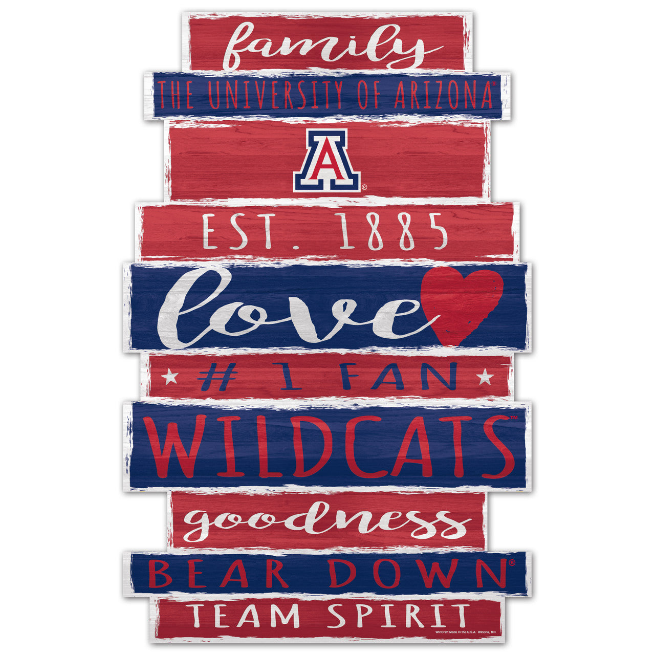 Arizona Wildcats Family Word Design 11x17 wood sign with bold red and navy NCAA team graphics.