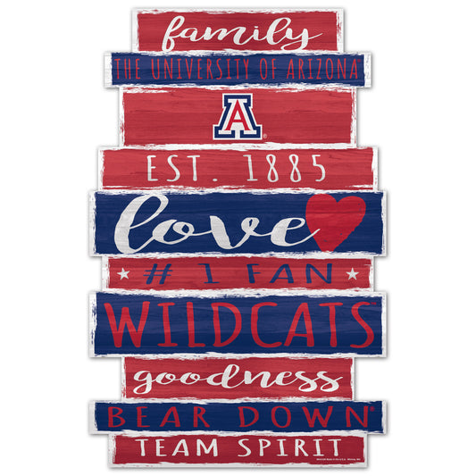 Arizona Wildcats Family Word Design 11x17 wood sign with bold red and navy NCAA team graphics.