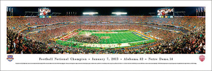 Panoramic of the 2012 BCS Championship Game featuring Alabama Crimson Tide players on the field and fans in the stands.