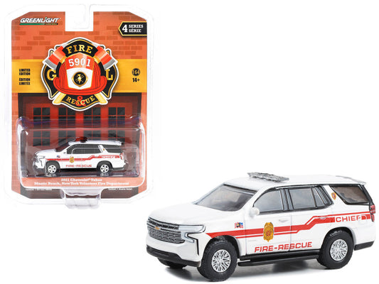 2021 Chevrolet Tahoe White w/ Red Stripes 'Mastic Beach Fire-Rescue Chief - Mastic Beach Long Island New York' - Fire & Rescue Series 4 1/64 Diecast Car