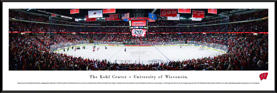 Wisconsin Badgers Kohl Center panoramic framed photo, officially licensed NCAA hockey décor.